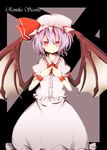  absurdres bad_id bad_pixiv_id bat_wings blood blood_in_mouth blood_on_face blue_hair character_name dress fang hands_on_own_chest hat highres pasutel pink_dress red_eyes remilia_scarlet smile solo touhou wings 