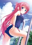  1girl adjusting_clothes adjusting_swimsuit amakusa_tobari artist_request asagiri_chihaya blue_eyes blush highres long_hair oboro_komachi one-piece_swimsuit pink_hair ponytail school_swimsuit solo swimsuit very_long_hair wet 