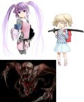  bad_id bad_pixiv_id dead_space katana multiple_girls purple_eyes purple_hair slasher_(dead_space) sophie_(tales) sword taka_yanagi tales_of_(series) tales_of_graces todoroki_yachiyo twintails weapon working!! younger 