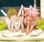  2boys bed character_request inazuma_eleven inazuma_eleven_(series) male male_focus multiple_boys nighttime pink_hair smile tachimukai_yuuki tsunami_jousuke 