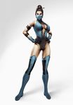  armband breasts cleavage dark_skin earrings female full_body gloves gradient gradient_background hair_bun hands_on_hips jewelry kitana leotard mask mortal_kombat solo thighhighs 