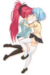  bad_id bad_pixiv_id blue_hair blush ginji74 long_hair mahou_shoujo_madoka_magica miki_sayaka mitakihara_school_uniform multiple_girls ponytail red_eyes red_hair sakura_kyouko school_uniform short_hair thighhighs yuri 