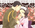  1girl animal_ears asa_no_ha_(pattern) black_hair closed_eyes couple fox_ears hand_on_another's_cheek hand_on_another's_face hetero japanese_clothes kanro_(kanro0220) kimono maid_headdress military military_uniform obi otome_youkai_zakuro purple_eyes sash short_hair susukihotaru uniform yoshinokazura_riken 