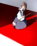  brown_eyes brown_hair leaning maid maid_headdress mop namori original red_carpet shadow short_hair solo 