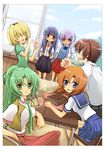  5girls blonde_hair box card desk dutch_angle furude_rika hanyuu highres higurashi_no_naku_koro_ni holding holding_card houjou_satoko ichi_(ringogogo777) lying_card maebara_keiichi multiple_girls ryuuguu_rena school_desk school_uniform serafuku sonozaki_mion window 