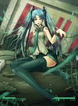  aqua_hair blue_eyes boots collar crossover dutch_angle fallout fallout_3 hatsune_miku heads-up_display indoors long_hair looking_at_viewer miniskirt necktie pleated_skirt sitting skirt slave solo thigh_boots thighhighs twintails very_long_hair vocaloid zettai_ryouiki 