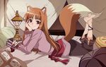  absurd_res animal_ears barefoot bed brown_hair canine female hair hentai hi_res horo long_brown_hair long_hair looking_at_viewer ookami_to_koushinryou ookamimimi red_eyes tail unknown_artist wolf wolfgirl 