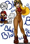  1girl ankle_boots blonde_hair bodysuit boots covering_ears cravat elazuls-core eyebrows fang goombella helmet impossible_bodysuit impossible_clothes long_hair mario mario_(series) no_arms paper_mario paper_mario:_the_thousand_year_door personification pith_helmet simple_background standing super_mario_bros. thick_eyebrows 