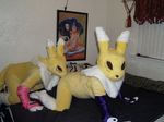  ambiguous_gender bed canine chest_tuft cunnilingus digimon elbow_gloves fox fur fursuit gloves hot looking_at_viewer mammal oral oral_sex raptorsr real renamon sex tuft yellow yellow_body 
