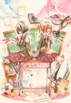  ball bookshelf bow chalkboard closed_eyes desk easel envelope heart holding_hands iinuma_chika multiple_girls open_mouth original pencil plaid plaid_skirt ponytail school_uniform short_hair skirt soccer_ball surreal tears telstar tennis_ball traditional_media watercolor_(medium) 