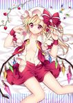  bad_id bad_pixiv_id blonde_hair candy flandre_scarlet food fork fruit hat highres lying masaru.jp navel no_bra on_back open_clothes open_shirt open_skirt panties red_eyes shirt skirt solo strawberry touhou underwear wings 