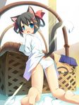  animal_ears bare_legs barefoot basket bell black_hair blue_eyes blush cat_ears cat_tail from_behind frown hair_ribbon highres looking_at_viewer looking_back masaki_(machisora) open_mouth original oversized_object panties ribbon short_hair soles solo tail underwear white_panties 