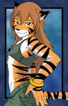  bracelet brown_hair claws feline female flora flora_(twokinds) green_eyes hair jewelry keidran looking_at_viewer midriff orange sapphwolf solo standing stripes tail tiger twokinds 