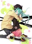  1girl aqua_eyes aqua_hair bandages bandaid black_hair black_legwear couple denim hatsune_miku hetero hug jeans joanna_(mojo!) kneehighs kneeling long_hair pants rolling_girl_(vocaloid) scrape short_hair skirt sweater tears twintails vocaloid watermark 