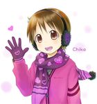 brown_eyes brown_hair earmuffs gloves gotou_hisashi heart ichigo_mashimaro itou_chika scarf short_hair smile solo waving 
