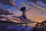 bag black_legwear character_request clenched_hands cloud evening floating_hair from_behind keychain kimura_(pixiv178485) leaf original outstretched_arms pleated_skirt raised_fists skirt sky solo spread_arms standing sun sunset twilight water wind 