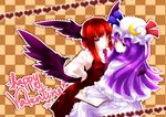  2girls alternate_wings black_wings book checkered checkered_background crescent demon_tail feathers food happy_valentine hat head_wings heart highres koakuma long_hair low_wings multiple_girls necktie one_eye_closed open_book patchouli_knowledge pocky pocky_kiss purple_eyes purple_hair r_murasaki red_eyes red_hair shared_food tail touhou valentine vest wings 