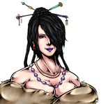  bare_shoulders beauty_mark black_hair braid breasts cleavage dove_been dress earrings female final_fantasy final_fantasy_x hair_bun hair_ornament hair_over_one_eye jewelry lipstick long_hair lulu lulu_(final_fantasy) makeup mole multiple_braids necklace purple_lips red_eyes simple_background solo square_enix white_background 