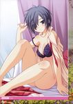  :o absurdres bed blue_eyes blue_hair bra breasts cleavage hair_over_one_eye hanafubuki highres kachou_fuugetsu lingerie medium_breasts no_panties off_shoulder open_clothes open_shirt shirt short_hair sitting solo strap_slip takatsukasa_sumire_alexandra underwear yuyi 