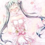  aqua_hair bare_shoulders blush bouquet dress elbow_gloves flower gloves hatsune_miku long_hair skirt solo tears tottsuan twintails very_long_hair vocaloid wedding_dress 