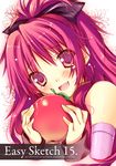  apple blush detached_sleeves fang food fruit holding holding_food holding_fruit long_hair mahou_shoujo_madoka_magica red_eyes red_hair sakura_hanpen sakura_kyouko smile solo tears 