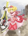  alexia_lynn_elesius armor armored_dress bad_id bad_pixiv_id blonde_hair boots bow canyon day dress elbow_gloves gloves greaves green_eyes hairband knight looking_at_viewer nagi_mizuha pink_bow pink_dress ribbon short_hair sky smile solo sword weapon wild_arms wild_arms_xf 