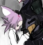  1girl animal_ears armor bad_id bad_pixiv_id blood camera cat_ears crack dripping forehead halo:_reach halo_(game) height_difference helmet hug kimura_akiyoshi pale_skin petite petting ponytail pout power_suit purple_hair ribbon sad shirt spartan spartan-b312 