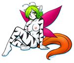  antennae beep blush breasts chevi feline female green_eyes green_hair hybrid insect nude piercing shy sitting solo tiger wings 