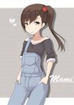  bad_id bad_pixiv_id brown_eyes brown_hair casual futami_mami ice_(doragon) idolmaster idolmaster_(classic) idolmaster_2 long_hair mouth_hold overalls side_ponytail sleeves_pushed_up solo 