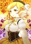  bad_id bad_pixiv_id beret blonde_hair breasts corset detached_sleeves drill_hair gpnet hair_ornament hat large_breasts magical_girl mahou_shoujo_madoka_magica pleated_skirt puffy_sleeves shirt skirt solo taut_clothes taut_shirt tomoe_mami yellow_eyes 