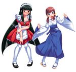  arcana_heart blue_hakama cosplay costume_switch fiona_mayfield fiona_mayfield_(cosplay) hakama japanese_clothes kasuga_maori kasuga_maori_(cosplay) maid miko multiple_girls ono_misao pantyhose white_legwear 