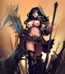  armor blue_hair breasts female hair human league_of_legends navel nipples nude pussy sivir solo topless unconvincing_armour weapon 