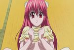  animated animated_gif breasts cap caught elfen_lied gif horns long_hair navel nyu nyuu pink_hair red_eyes screencap shorts sweater undressing very_long_hair walk-in yuka yuka_(elfen_lied) 