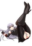  ass big_breasts boots breasts erect_nipples female full_body gloves high_heels large_breasts legs_up long_hair lying military military_uniform panties pantyhose pantyshot red_eyes selvaria_bles senjou_no_valkyria senjou_no_valkyria_1 shoes silver_hair simple_background solo tokihama_jirou underwear uniform white_background white_panties 