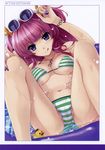  1girl :q absurdres bikini blue_eyes bracelet breasts cameltoe cleavage copyright_request fingernails highres jewelry long_fingernails long_hair long_nails misaki_kurehito nail_art nail_polish original pink_hair purple_eyes purple_hair purple_nails solo spread_legs string_bikini striped striped_bikini striped_swimsuit sunglasses swimsuit tongue tongue_out twintails underboob wading_pool wet 