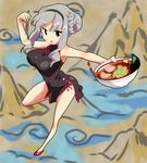  alternate_hairstyle ass bare_shoulders bouncing_breasts breasts china_dress chinese_clothes chopsticks double_bun dress egg food hairband idolmaster idolmaster_(classic) large_breasts long_hair noodles ramen red_footwear shijou_takane shoes silver_hair solo takeya_yuuki 