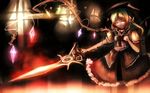  alternate_costume bad_id bad_pixiv_id blonde_hair bow cross flandre_scarlet hair_bow hair_ornament hat highres jewelry mifuru necklace outstretched_arm red_eyes short_hair side_ponytail solo sword touhou weapon wings 