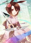  animal_ears bad_id bad_pixiv_id braid brown_eyes brown_hair flower hair_flower hair_ornament japanese_clothes kimono obi oekaki_musume original sash shiyun short_hair solo stylus 