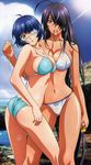  2girls absurdres ahoge ass bare_shoulders belly_button bikini blue_eyes blue_hair blush breasts cloud eyepatch female green_eyes head_tilt highres holding ikkitousen kan'u_unchou kanu_unchou large_breasts legs lens_flare long_hair long_image looking_at_viewer lotion mole mouth_hold multiple_girls navel outdoors parted_lips purple_hair rin-sin ryomou_shimei short_hair side-tie_bikini sky standing swimsuit tall_image thighs untied very_long_hair wallpaper 