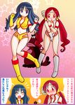  80s blue_hair blush boots comic cosplay coupe dirty_pair ebi_tendon embarrassed gloves hanasaki_tsubomi headband heartcatch_precure! highres horns kei_(dirty_pair) kei_(dirty_pair)_(cosplay) knee_boots kurumi_erika long_hair midriff mughi mughi_(cosplay) multiple_girls oldschool precure red_hair translated twintails yuri_(dirty_pair) yuri_(dirty_pair)_(cosplay) 