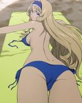  bikini blanket blonde blonde_hair cap cecilia_alcott highres infinite_stratos screencap stitch stitched swimsuit topless 