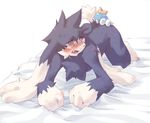  all_fours amber_eyes anal bed black blush chest_tuft doggy_position fang from_behind gay harusuke huepow klonoa long_ears male oral raised_tail rimming short_tail tail tears 