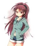  casual commentary_request food hair_between_eyes hands_in_pockets hazuki_(etcxetc) highres hood hoodie long_hair mahou_shoujo_madoka_magica mouth_hold navel pocky ponytail red_eyes red_hair sakura_kyouko shorts solo 