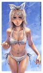  bikini blonde_hair breasts cleavage front-tie_top kagamine_rin large_breasts navel pony_(artist) short_hair side-tie_bikini smile solo swimsuit vocaloid white_bikini 