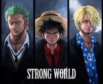  black_eyes black_hair blonde_hair boyaking cigarette earrings green_hair hair_over_one_eye hat jewelry monkey_d_luffy multiple_boys necktie one_piece one_piece:_strong_world roronoa_zoro sanji scar spiked_hair straw_hat 