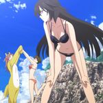  3girls beach bikini black_hair breasts brown_hair cap character_request cleavage costume highres infinite_stratos leaning_forward long_hair multiple_girls nohotoke_honne orimura_chifuyu screencap stitch stitched swimsuit 