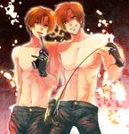  axis_powers_hetalia bad_id bad_pixiv_id brothers brown_eyes brown_hair daiseki0402 gun multiple_boys northern_italy_(hetalia) shirtless siblings southern_italy_(hetalia) weapon whip 