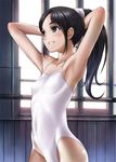  armpits arms_behind_head ballerina ballet barre black_hair flat_chest highleg highleg_leotard jumpei leotard original ponytail skin_tight smile solo window 