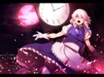  analog_clock black_legwear braid clock clock_tower cloud dutch_angle full_moon gloves highres irohara_mitabi izayoi_sakuya letterboxed maid maid_headdress moon open_mouth outdoors red_eyes roman_numerals short_hair silver_hair solo thighhighs touhou tower twin_braids white_gloves 