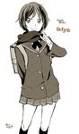  :3 amagami arm_behind_back character_name copyright_name greyscale monochrome peg scarf school_uniform short_hair smile solo tachibana_miya 